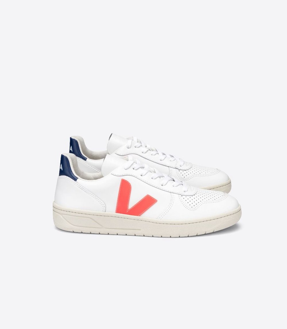 Veja Sneakers Dam - V-10 Läder - Vita/Orange - 728916-SEA